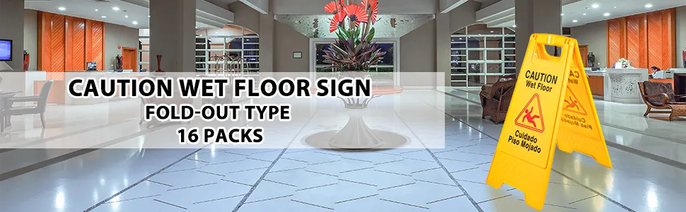 caution VEVOR wet floor sign in hotel lobby, fold-out type, 16 packs.