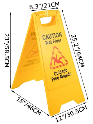 VEVOR wet floor sign in yellow with bilingual caution text and dimensions shown.