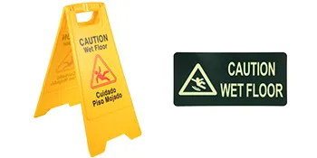 yellow VEVOR wet floor signs with bilingual caution messages and slip hazard symbol.