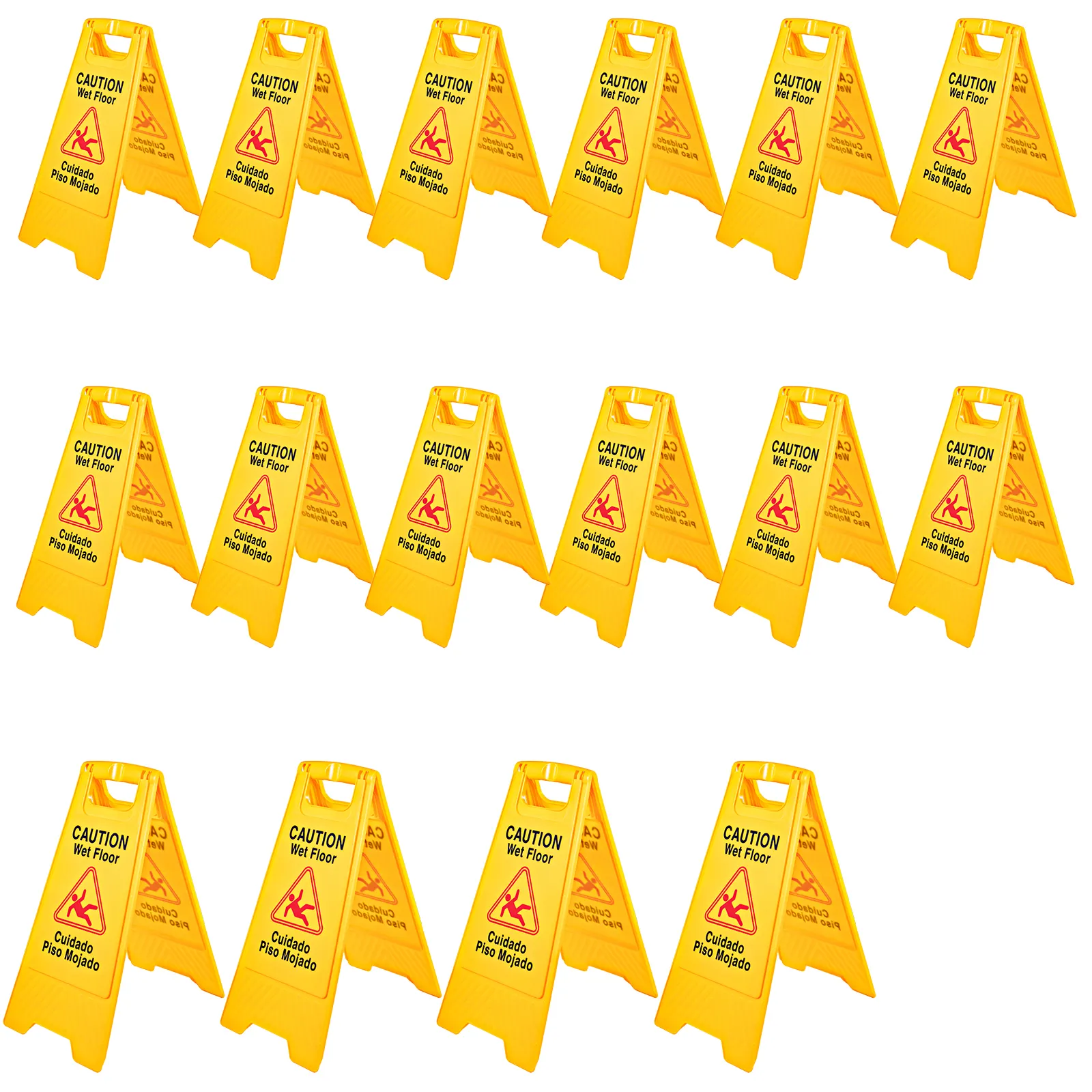 multiple VEVOR wet floor sign boards in yellow with bilingual text and caution symbols.