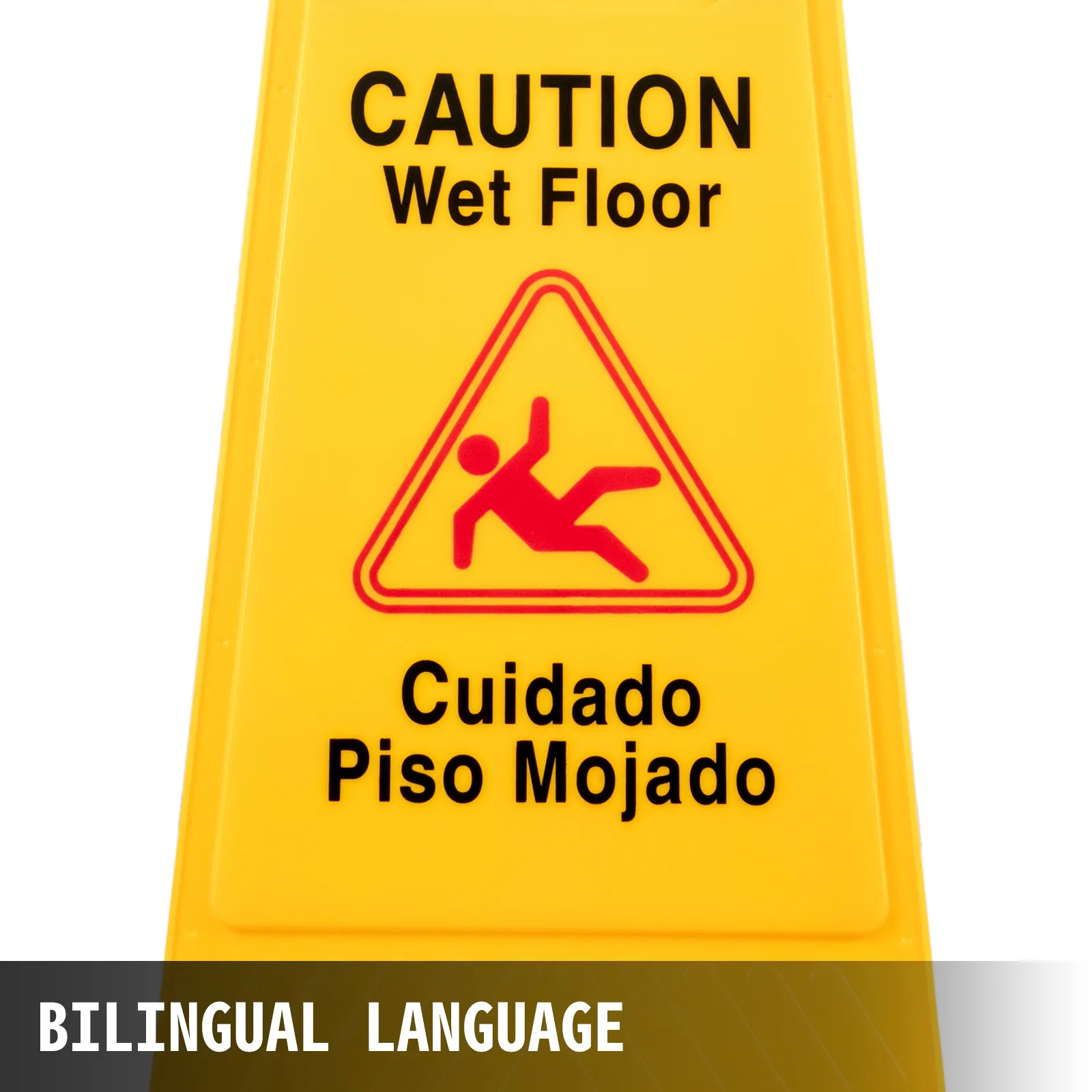 yellow VEVOR wet floor sign with bilingual "caution wet floor" and "cuidado piso mojado".
