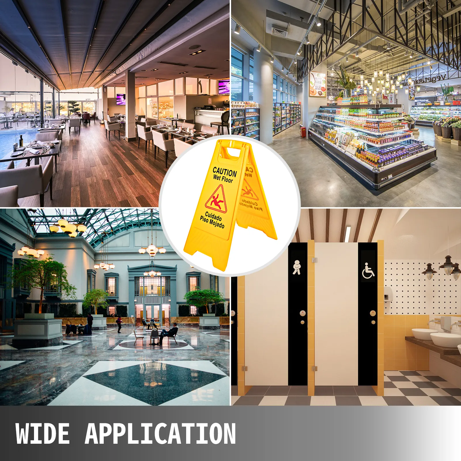 VEVOR wet floor sign in various public and commercial spaces showcasing wide application.