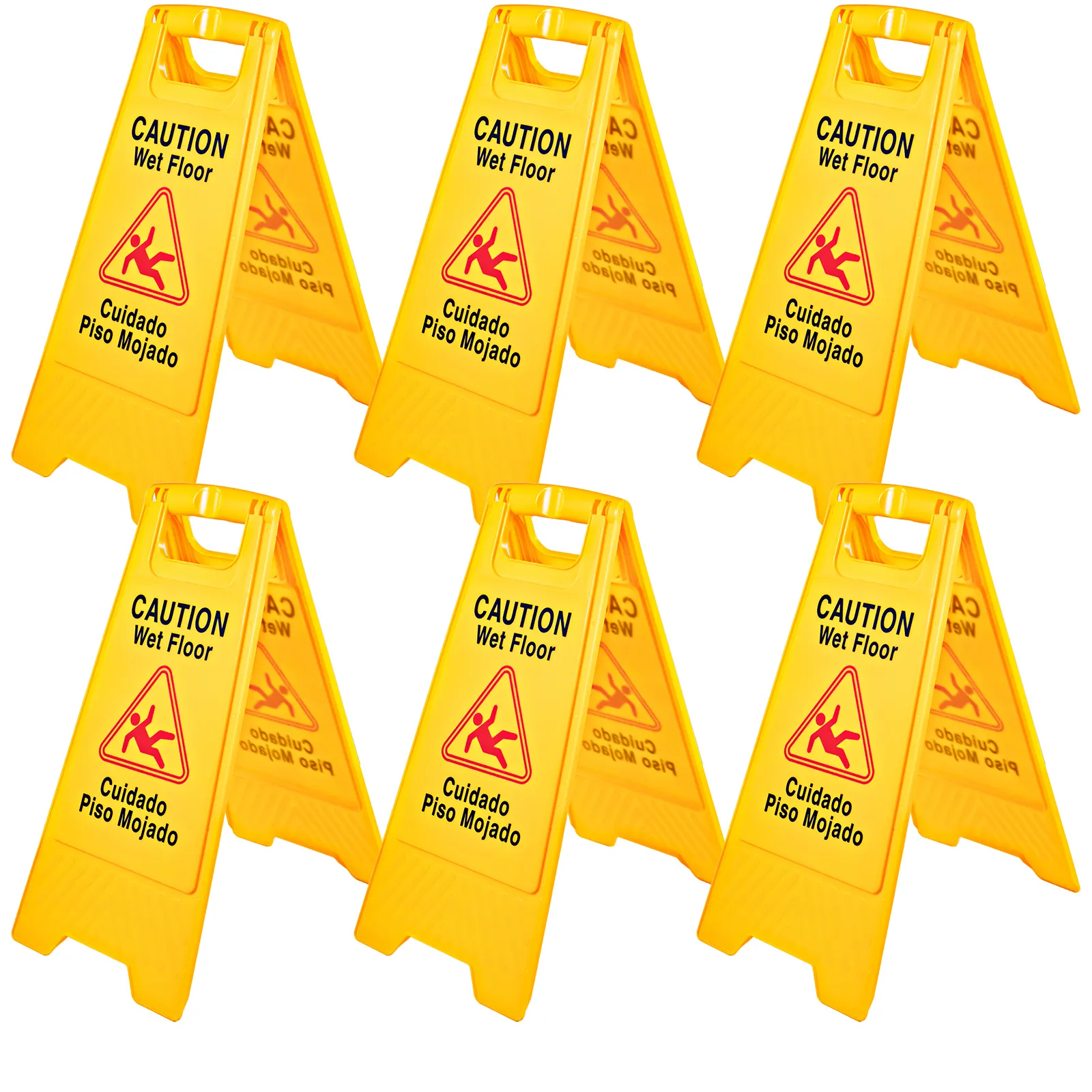 Señales VEVOR de suelo mojado en color amarillo con texto bilingüe, dispuestas en cuadrícula.