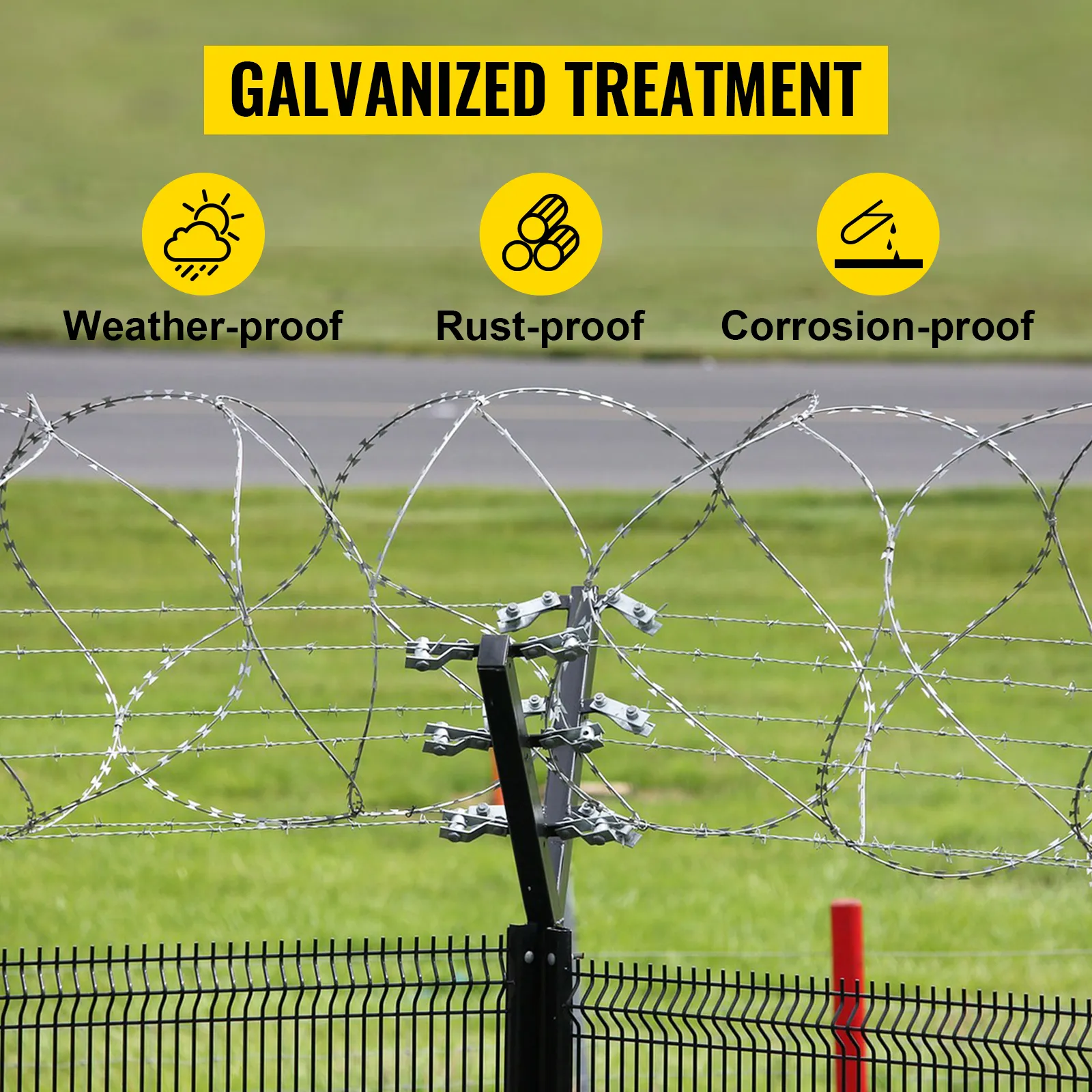 Valla de alambre de púas VEVOR con tratamiento galvanizado: resistente a la intemperie, al óxido y a la corrosión.