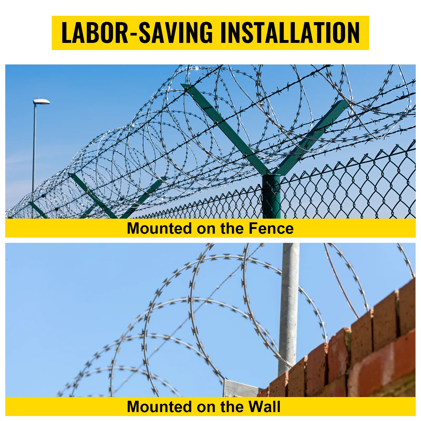 Cerca de alambre de púas VEVOR instalada en cerca de alambre de cadena y pared de ladrillos, instalación que ahorra mano de obra.