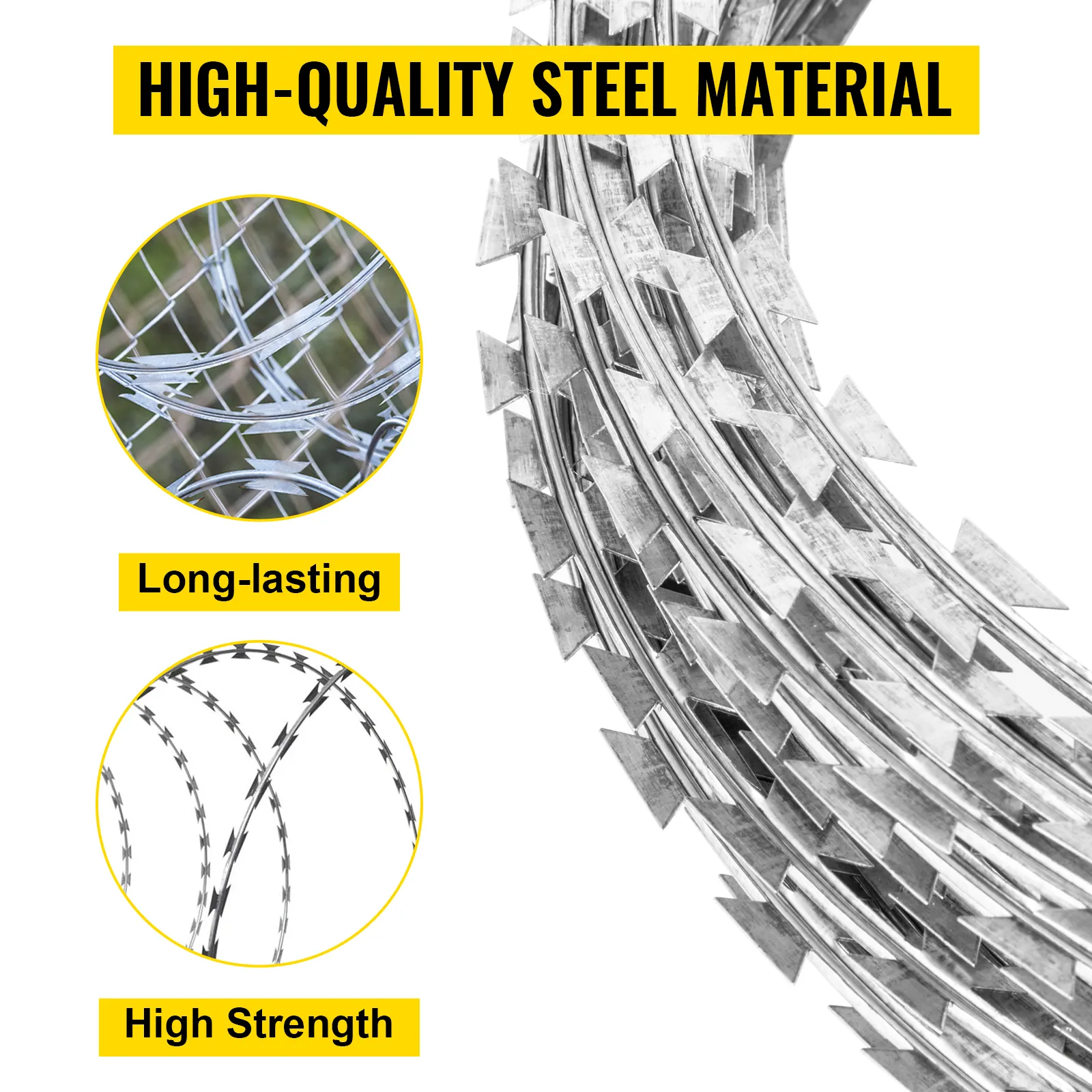 Valla de alambre de púas VEVOR fabricada en acero de alta calidad, duradera y de alta resistencia.
