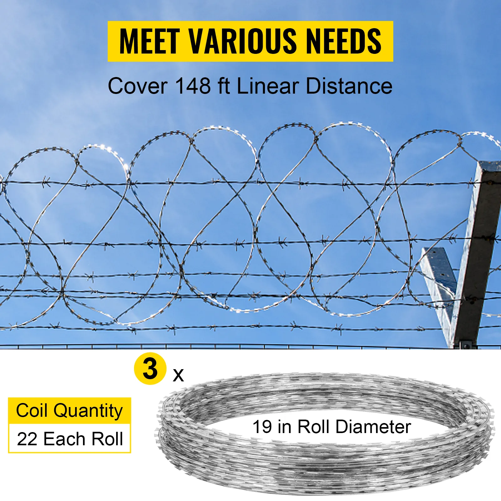 Valla de alambre de púas VEVOR con 22 rollos que cubren 148 pies y 19 pulgadas de diámetro del rollo.