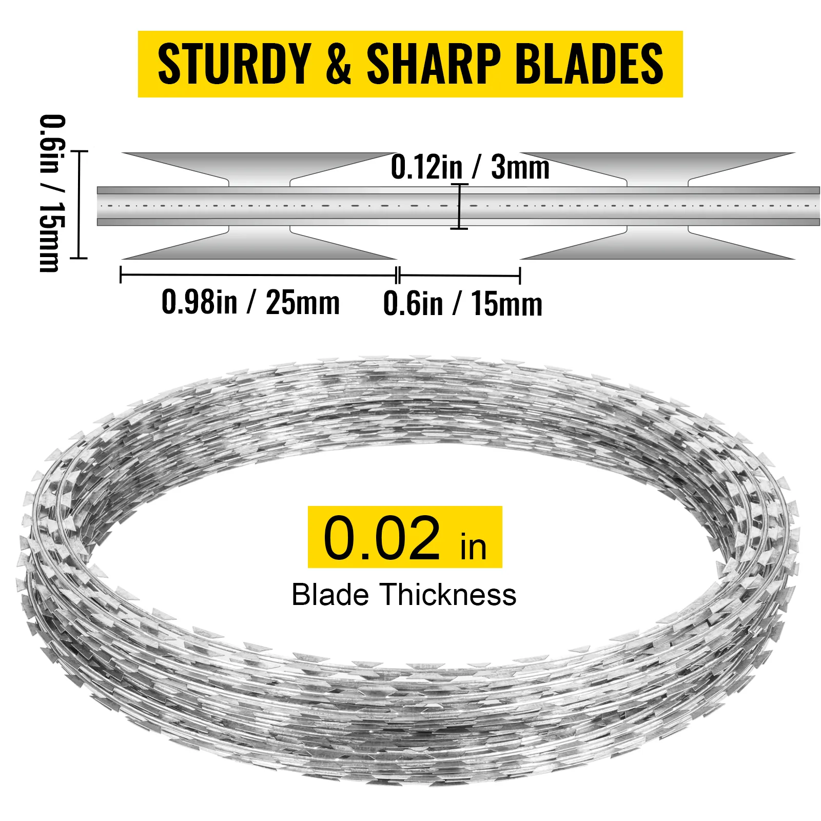 Valla de alambre de púas VEVOR con grosor de hoja de 0,02 pulgadas y hojas afiladas y resistentes.