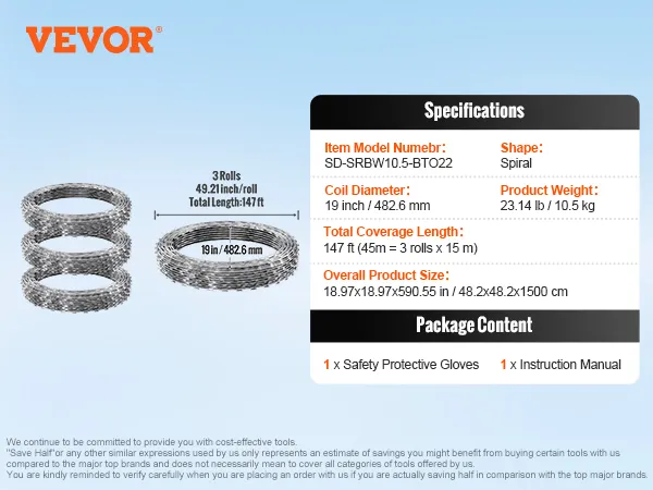 VEVOR-Stacheldrahtzaun mit 3 Rollen à 49,21 Zoll, 19 Zoll Durchmesser und einer Gesamtlänge von 147 Fuß.