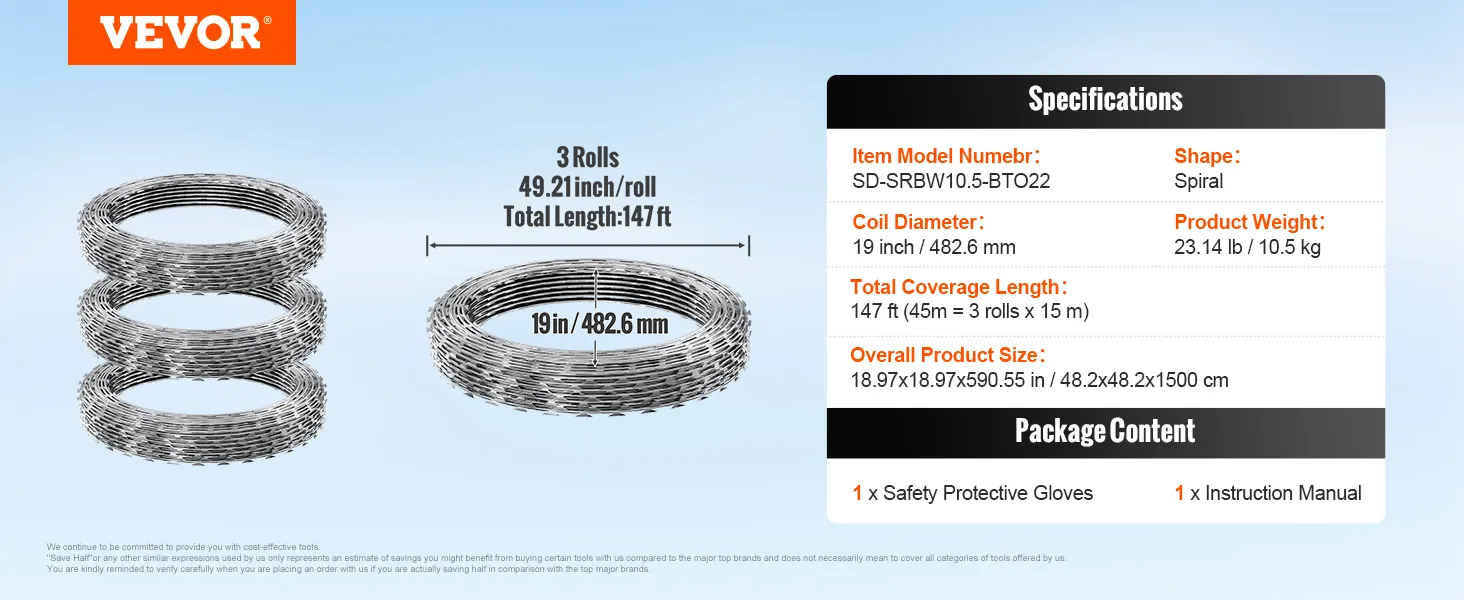 VEVOR-Stacheldrahtzaun mit 3 Rollen à 49,21 Zoll, 19 Zoll Durchmesser und einer Gesamtlänge von 147 Fuß.