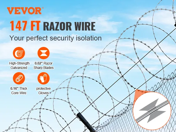 VEVOR-Nadeldrahtzaun mit 45 m langem Stacheldraht, hochfest verzinkt und Schutzhandschuhen.