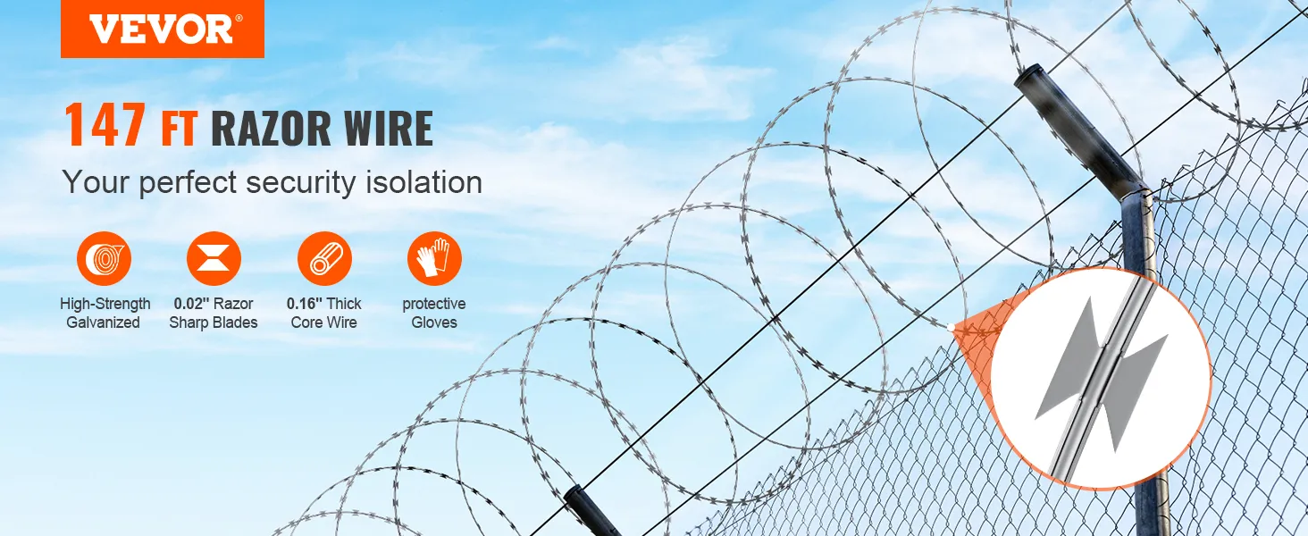 VEVOR-Nadeldrahtzaun mit 45 m langem Stacheldraht, hochfest verzinkt und Schutzhandschuhen.