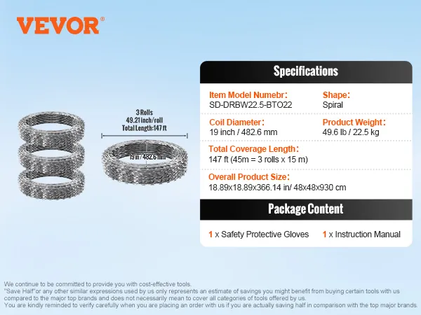 VEVOR razor wire fence, 3 rolls, 49.21 inch/roll, total length 147 ft, coil diameter 19 in, 49.6 lb weight.