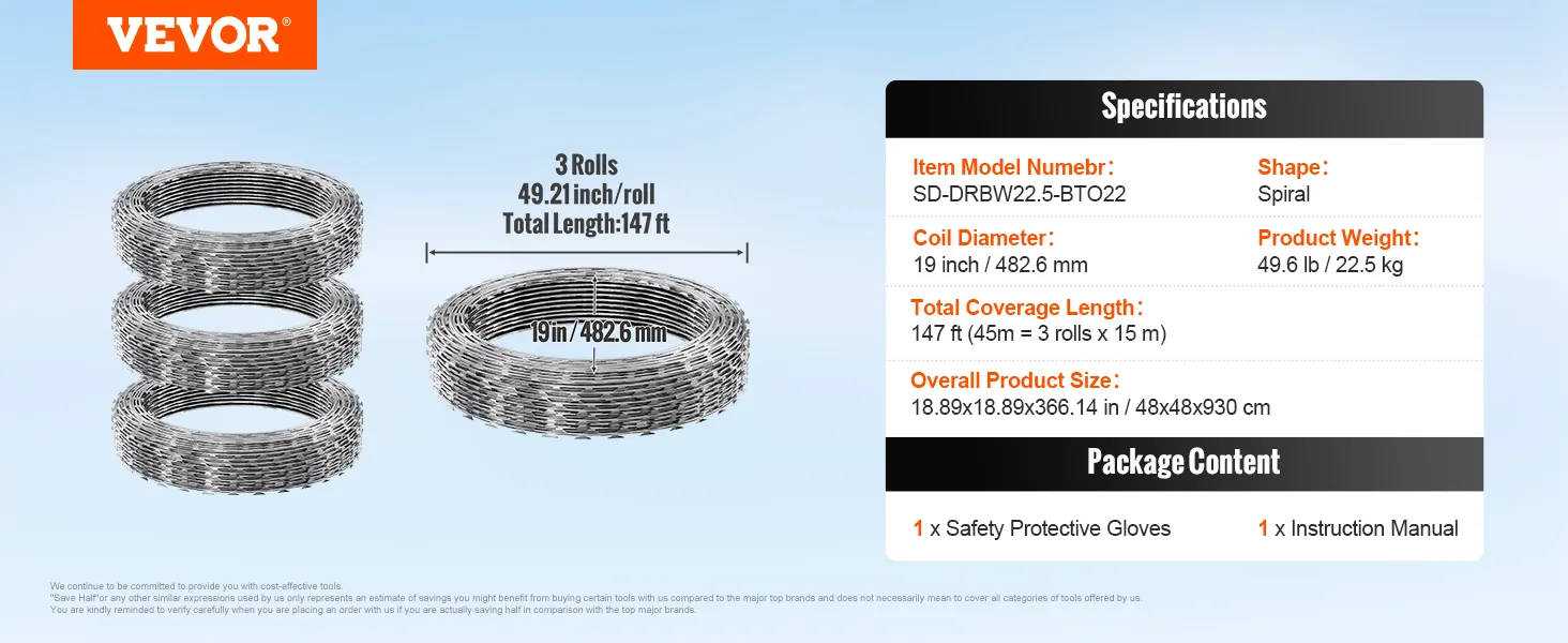 VEVOR razor wire fence, 3 rolls, 49.21 inch/roll, total length 147 ft, coil diameter 19 in, 49.6 lb weight.