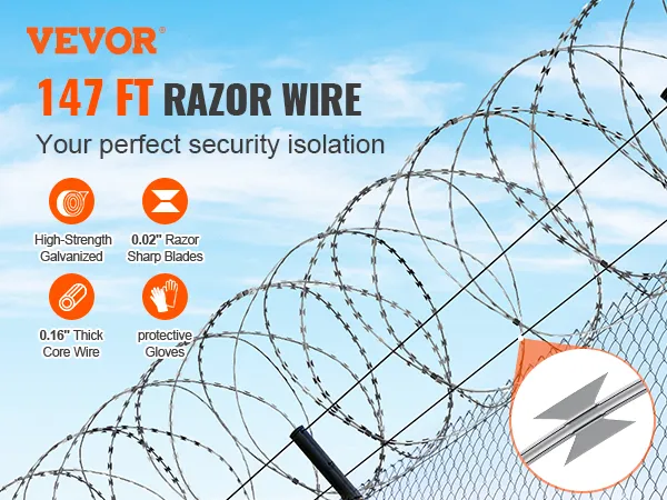 VEVOR razor wire fence, 147 ft long with sharp blades and high-strength galvanized steel for security.