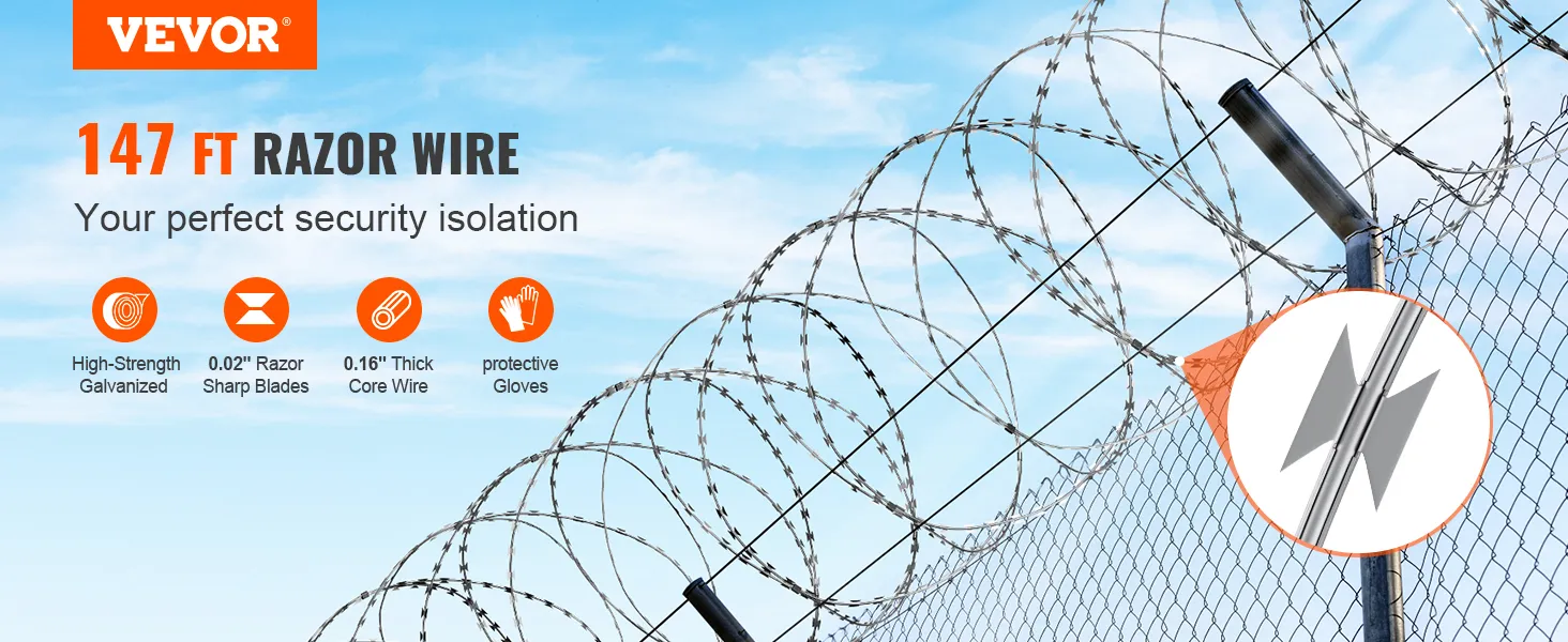 VEVOR razor wire fence, 147 ft long with sharp blades and high-strength galvanized steel for security.