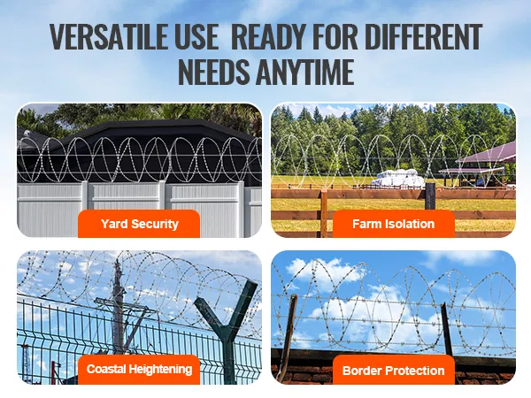 VEVOR razor wire fence for yard security, farm isolation, coastal heightening, and border protection.