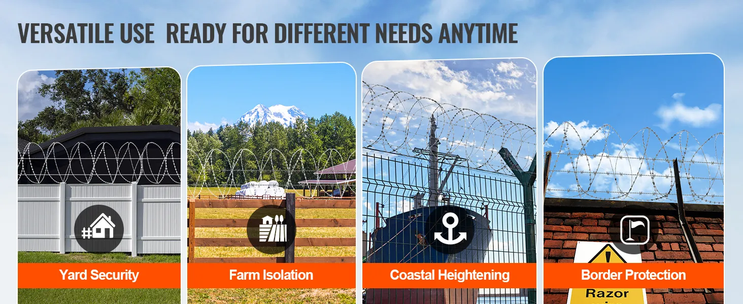 VEVOR razor wire fence for yard security, farm isolation, coastal heightening, and border protection.