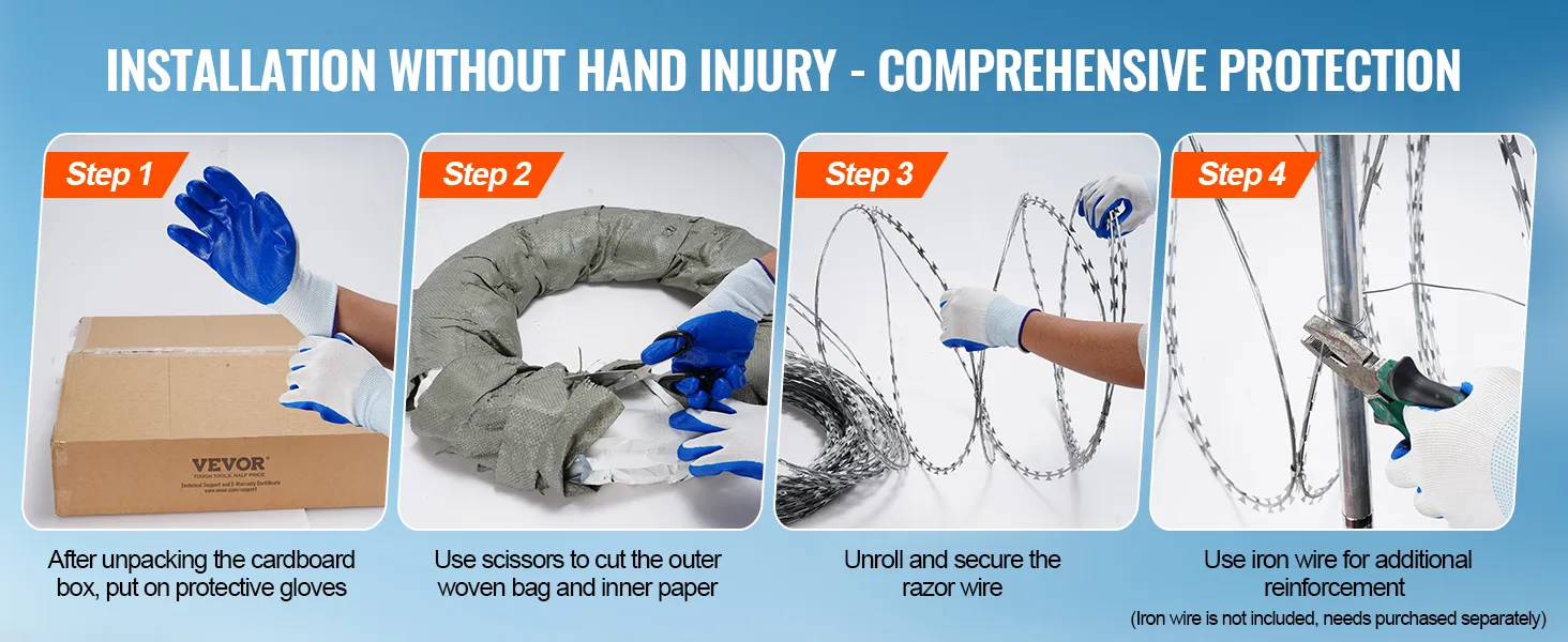 installation steps for VEVOR razor wire fence with gloves, scissors, unrolling, and securing wire.