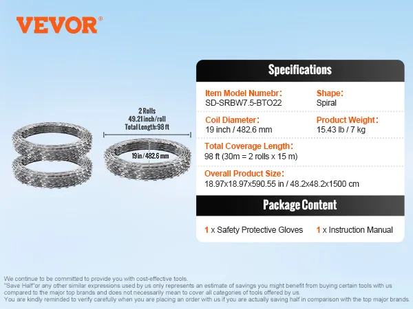 VEVOR Stacheldrahtzaun, 2 Rollen, 125 cm pro Rolle, Gesamtlänge 30 m, mit Spezifikationen.