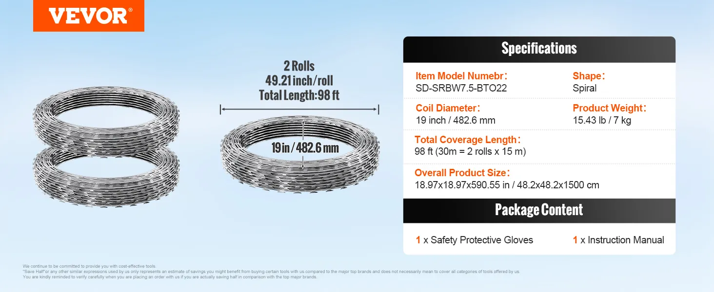 VEVOR Stacheldrahtzaun, 2 Rollen, 125 cm pro Rolle, Gesamtlänge 30 m, mit Spezifikationen.