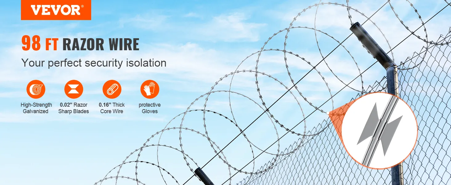 Der Stacheldrahtzaun von VEVOR bietet 30 m hochfesten, verzinkten Schutz mit messerscharfen Klingen und Kerndraht.
