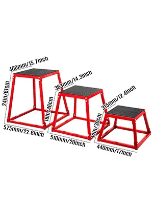 Rotes VEVOR Plyometrie-Box-Set in drei Größen mit Abmessungen in mm/Zoll.