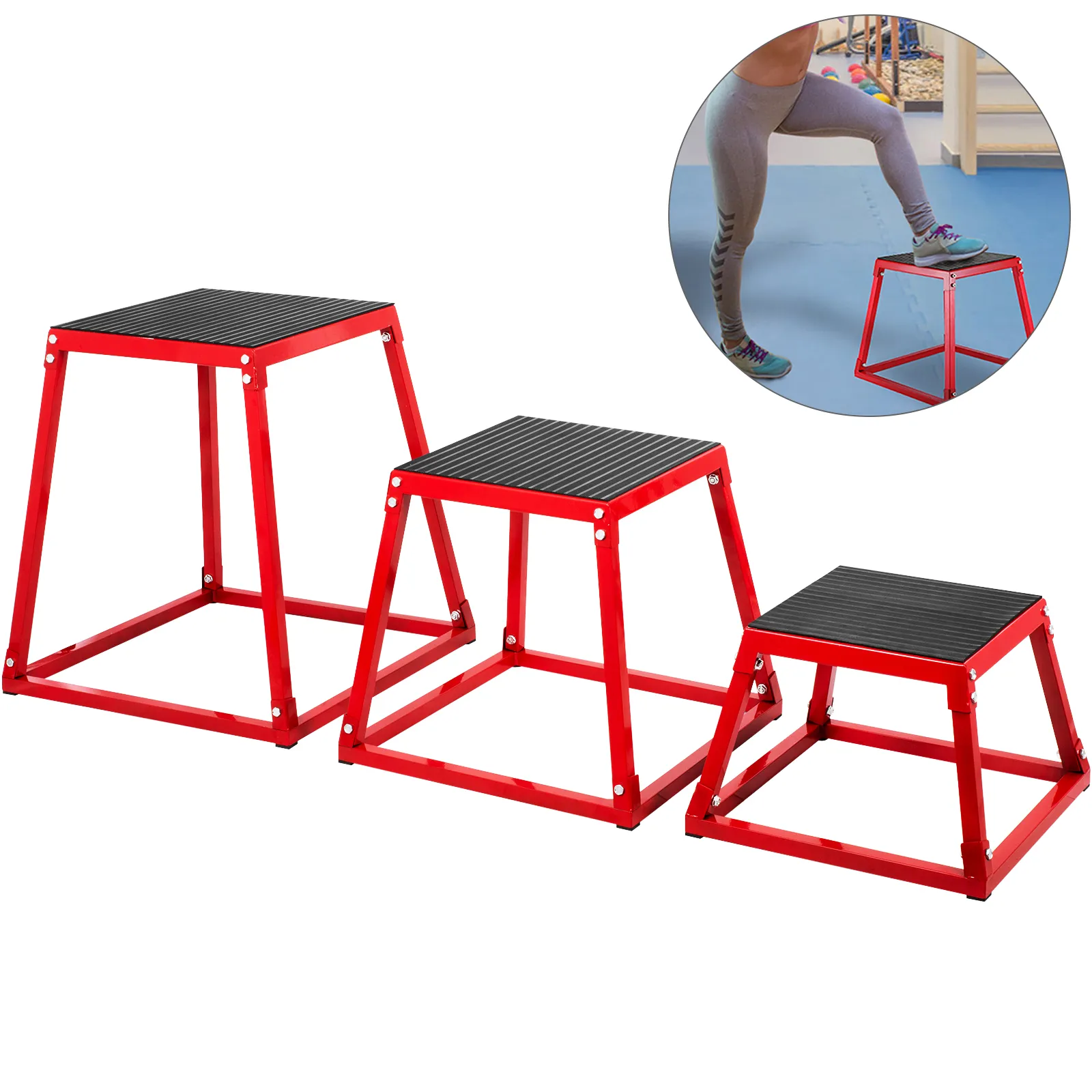 VEVOR Plyometrie-Box-Dreierset in Rot mit Anti-Rutsch-Oberflächen, gezeigt im Fitnessstudio-Einsatz.