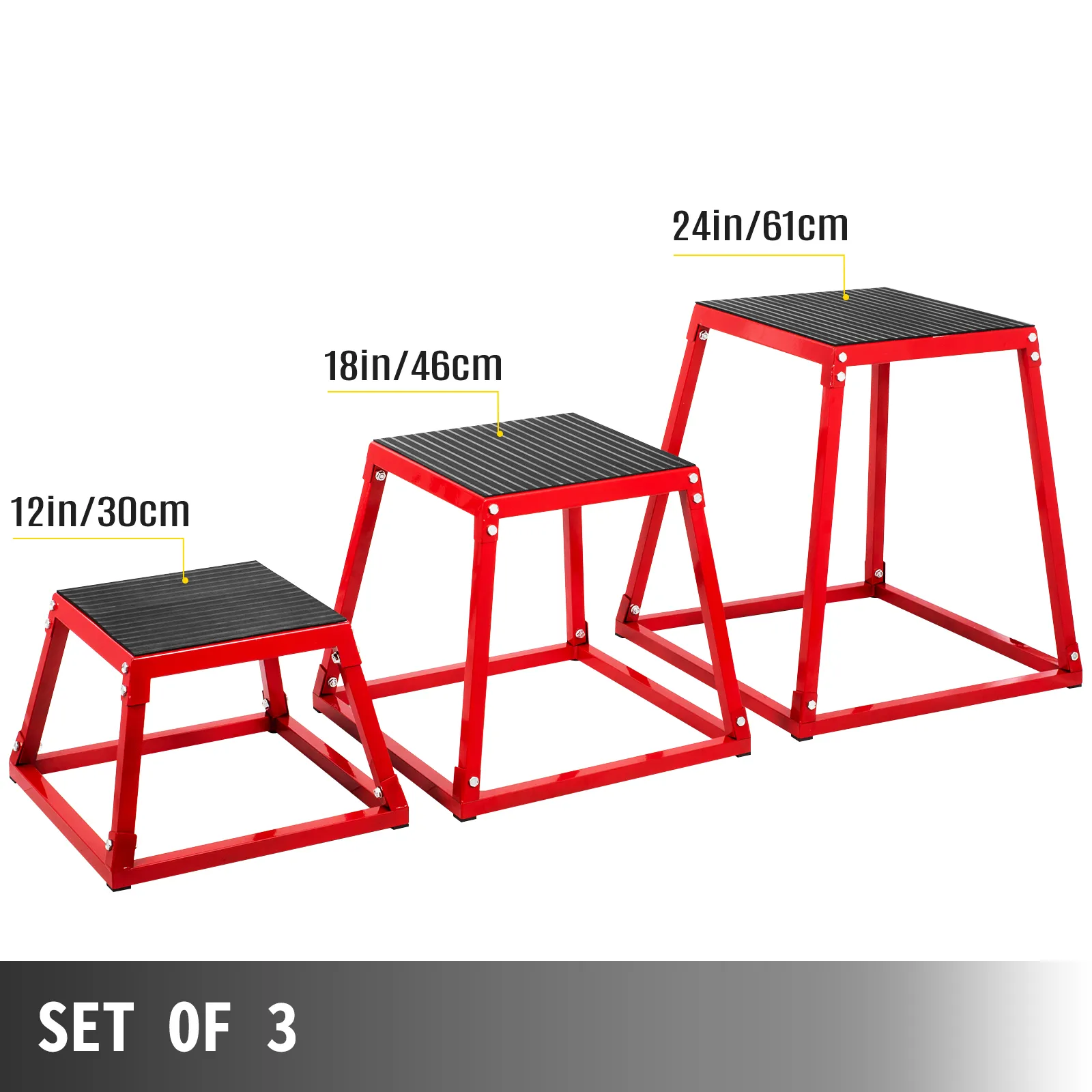 Plyometrisches Boxset von VEVOR mit 3 Stück in Rot mit den Höhenangaben 12 Zoll, 18 Zoll und 24 Zoll.
