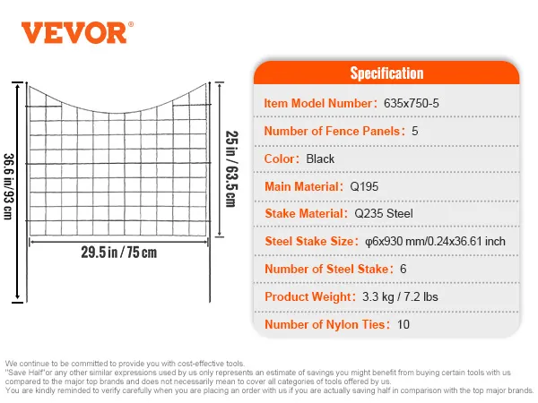 Dimensioni e specifiche delle recinzioni da giardino VEVOR con pannelli di recinzione neri, paletti in acciaio e fascette in nylon.