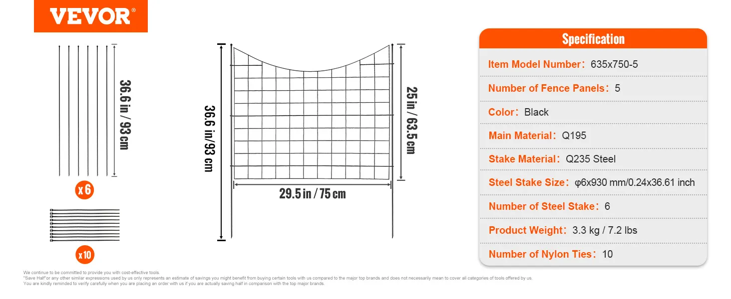 Dimensioni e specifiche delle recinzioni da giardino VEVOR con pannelli di recinzione neri, paletti in acciaio e fascette in nylon.