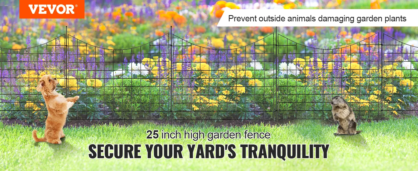 Recinzione da giardino VEVOR alta 25 pollici che protegge fiori colorati, con cane e marmotta nelle vicinanze.