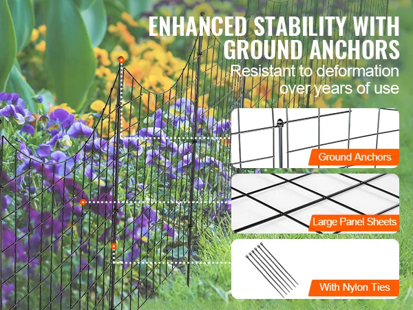 Recinzione da giardino VEVOR con ancoraggi a terra, grandi pannelli e fascette in nylon per una maggiore stabilità.