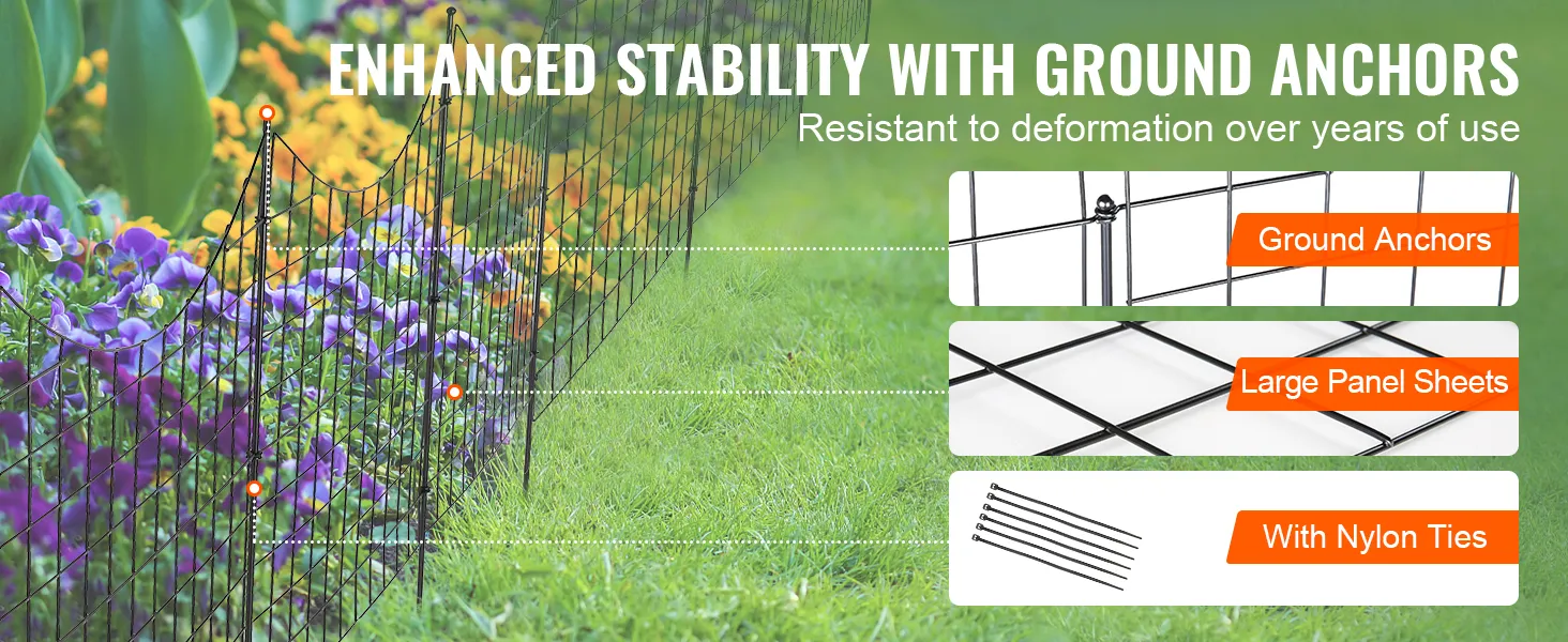 Recinzione da giardino VEVOR con ancoraggi a terra, grandi pannelli e fascette in nylon per una maggiore stabilità.