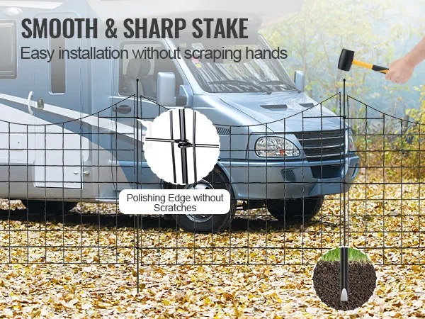 Recinzione da giardino VEVOR con paletti lisci e affilati per una facile installazione, mostrata vicino a un camper.