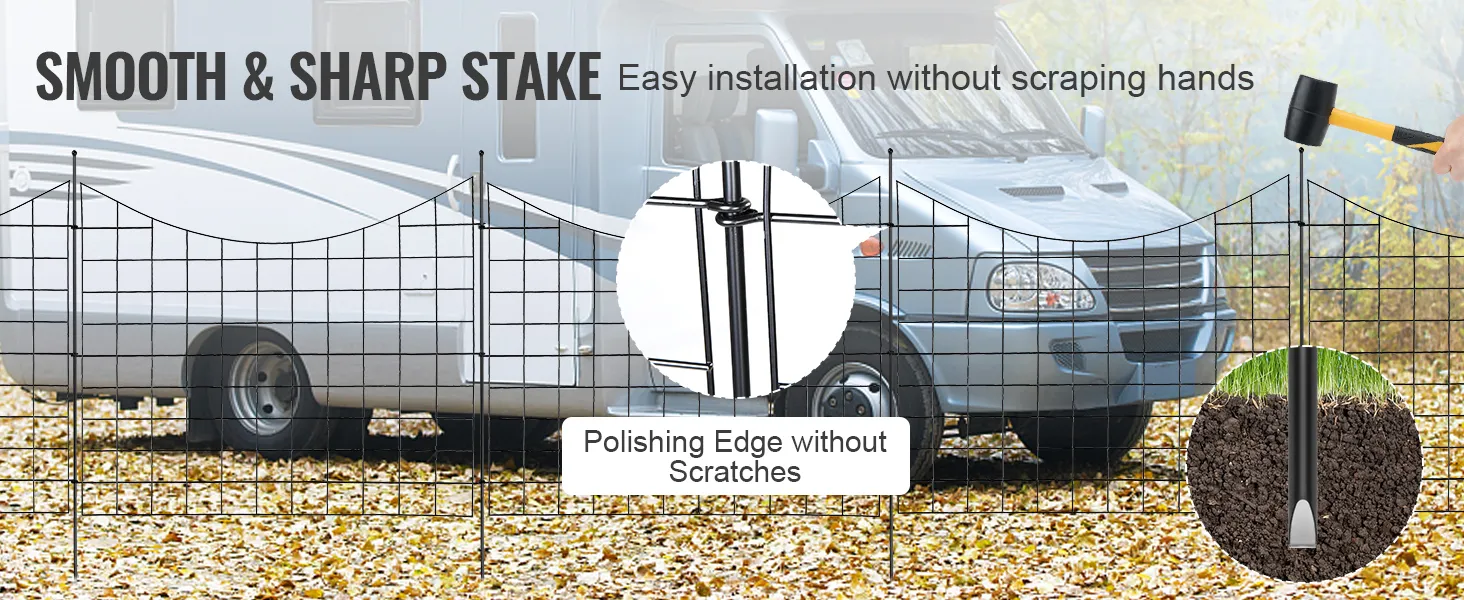 Recinzione da giardino VEVOR con paletti lisci e affilati per una facile installazione, mostrata vicino a un camper.