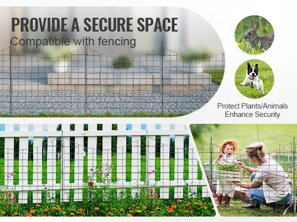 Recinzione da giardino VEVOR che protegge piante e animali, con paletti bianchi e moderna recinzione in metallo.