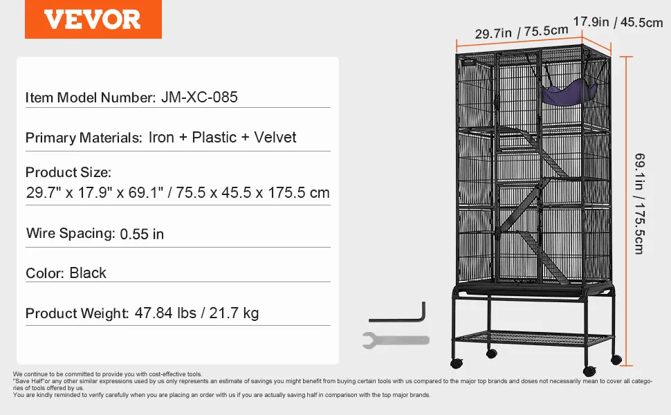 VEVOR ferret cage, 69.1" height, black iron, plastic, velvet, 1/2" wire spacing, 47.84 lbs.