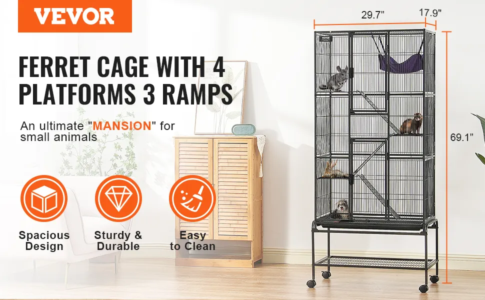 VEVOR ferret cage with 4 platforms and 3 ramps in a spacious, easy-to-clean, and durable design.