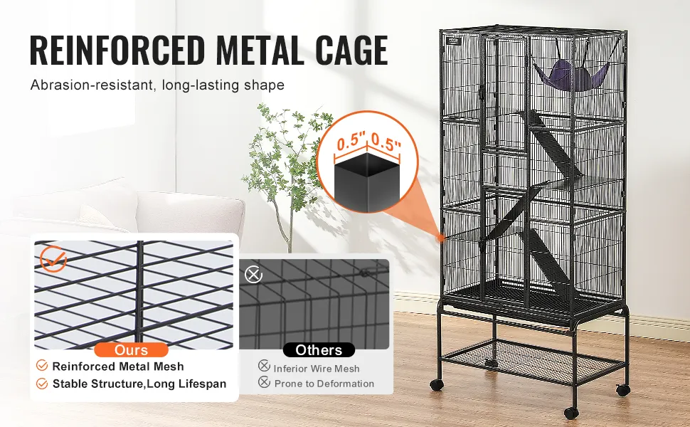 reinforced, abrasion-resistant VEVOR ferret cage with stable structure and 0.5" wire mesh for long lifespan.