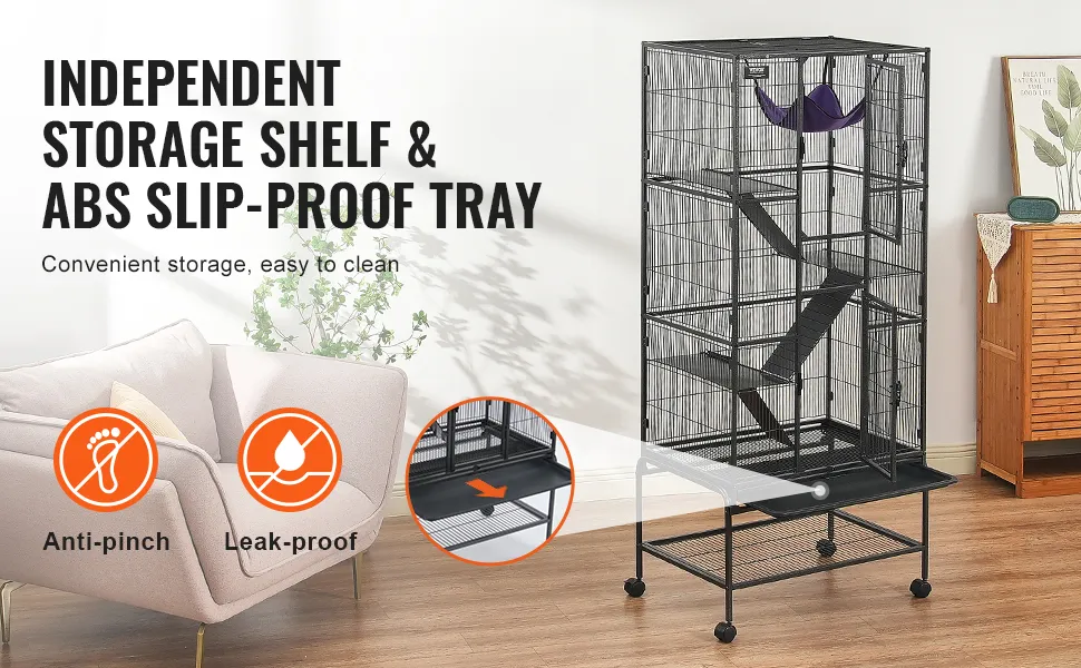 VEVOR ferret cage with storage shelf and abs slip-proof tray, anti-pinch, and leak-proof features.
