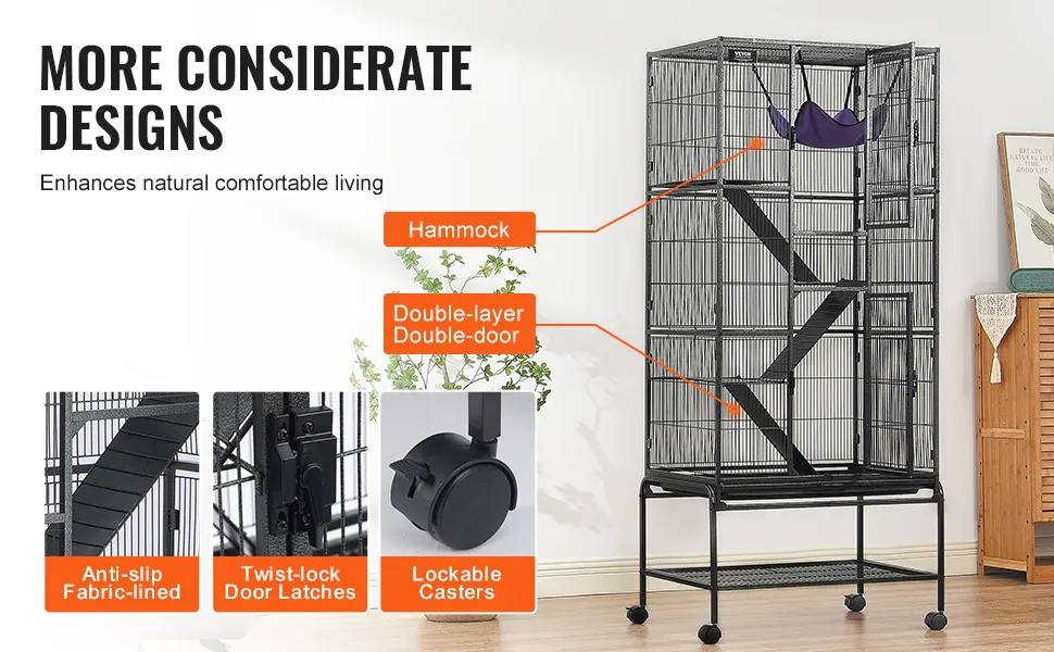 VEVOR ferret cage with hammock, double-layer doors, anti-slip ramps, twist-lock latches, and lockable casters.