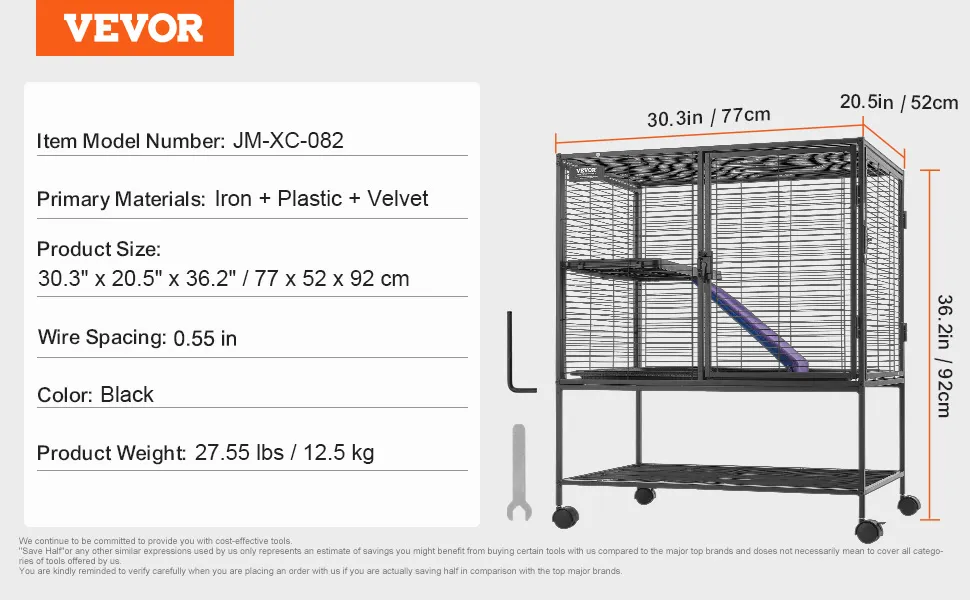 VEVOR Frettchenkäfig, Eisenrahmen, 30,3" x 20,5" x 36,2", Farbe: schwarz, 27,55 lbs, Drahtabstand 1/2 Zoll.