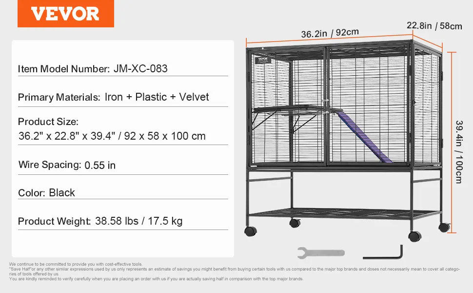 VEVOR ferret cage, black, 36.2"x22.8"x39.4", iron/plastic/velvet, 1/2" wire spacing, model jm-xc-083.