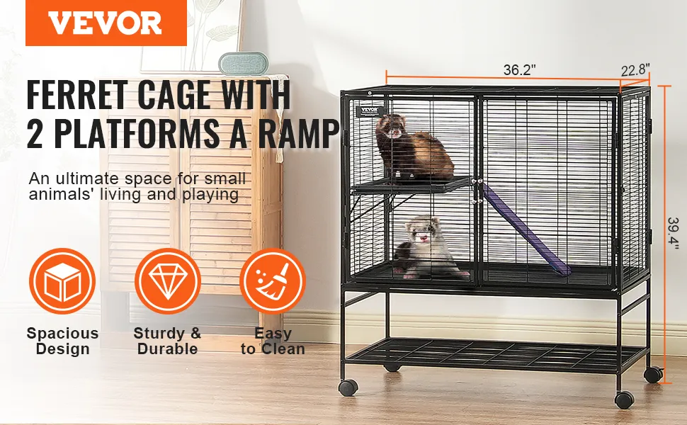 VEVOR ferret cage with two platforms, a ramp, spacious design, sturdy build, and easy to clean.