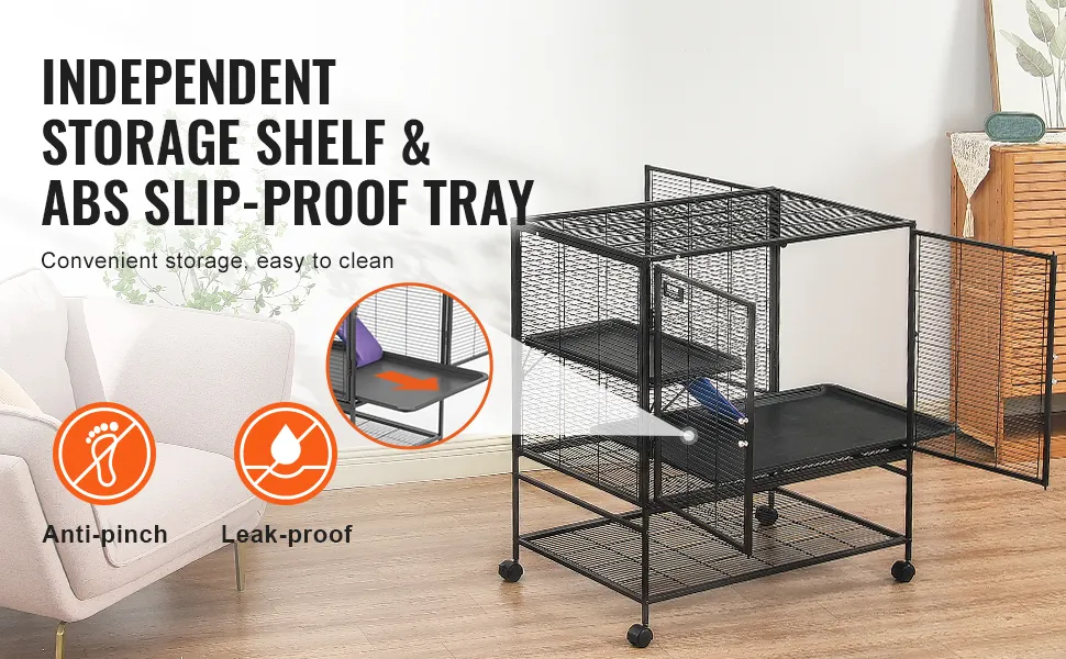VEVOR ferret cage with independent storage shelf, abs slip-proof tray, anti-pinch, and leak-proof features.