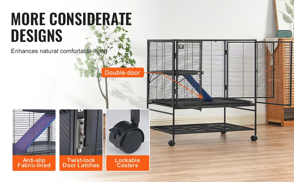VEVOR ferret cage featuring double-door, anti-slip fabric-lined ramp, twist-lock latches, lockable casters.