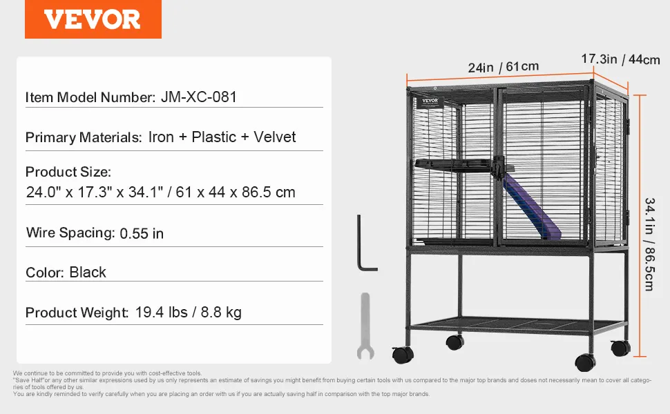 VEVOR ferret cage with iron, plastic, velvet, 24"x17.3"x34.1", black, 1/2" wire spacing, 19.4 lbs.