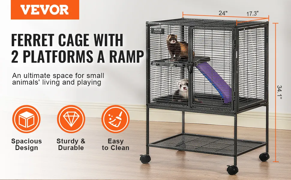 VEVOR ferret cage with 2 platforms and ramp, spacious, sturdy, easy to clean, ideal for small animals.