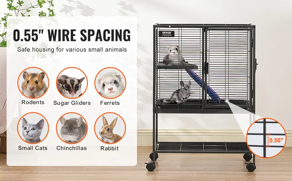 VEVOR ferret cage with 1/2" wire spacing, suitable for rodents, sugar gliders, ferrets, cats, chinchillas, rabbits.